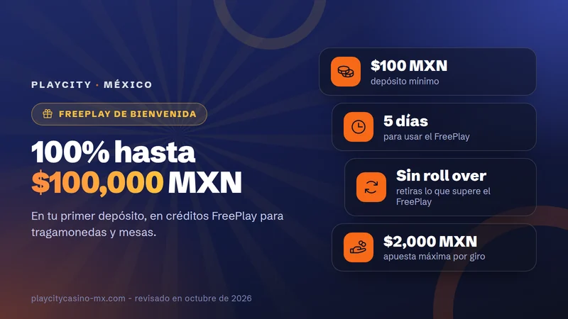 Tarjeta del bono de PlayCity: 100% hasta $100,000 MXN, depósito mínimo $100 MXN, 5 días, sin roll over y apuesta máxima de $2,000 MXN