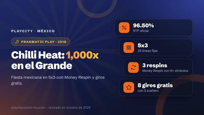 Tarjeta de Chilli Heat: RTP 96.50%, 5x3 con 25 líneas, Money Respin con 6 o más símbolos, 8 giros gratis con 3 scatters y Gran Jackpot de 1,000x