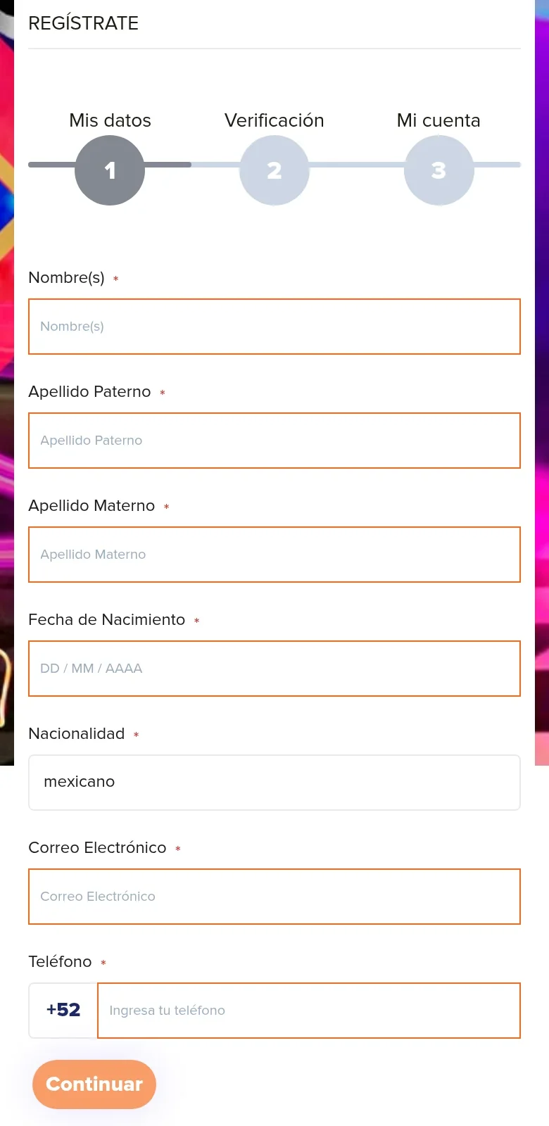 Formulario de registro de PlayCity en el celular